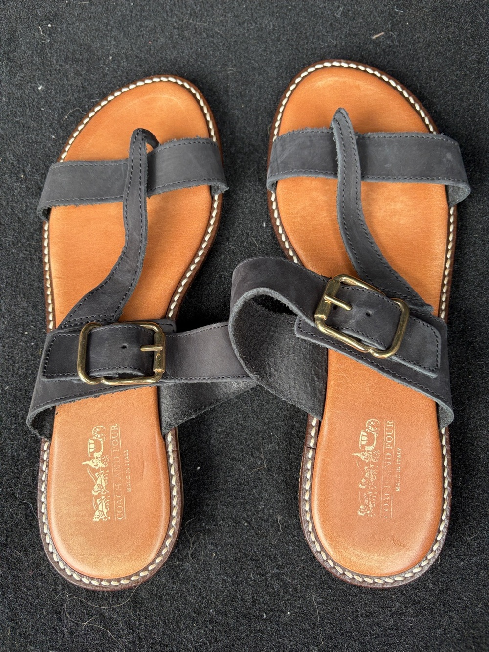 Coach and Four Black Suede Buckle Toe-Loop Sandals with Tan Footbed